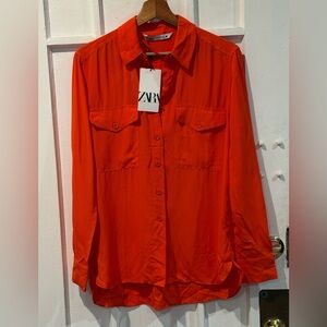 Zara Women's Vibrant Orange Button-Down Shirt